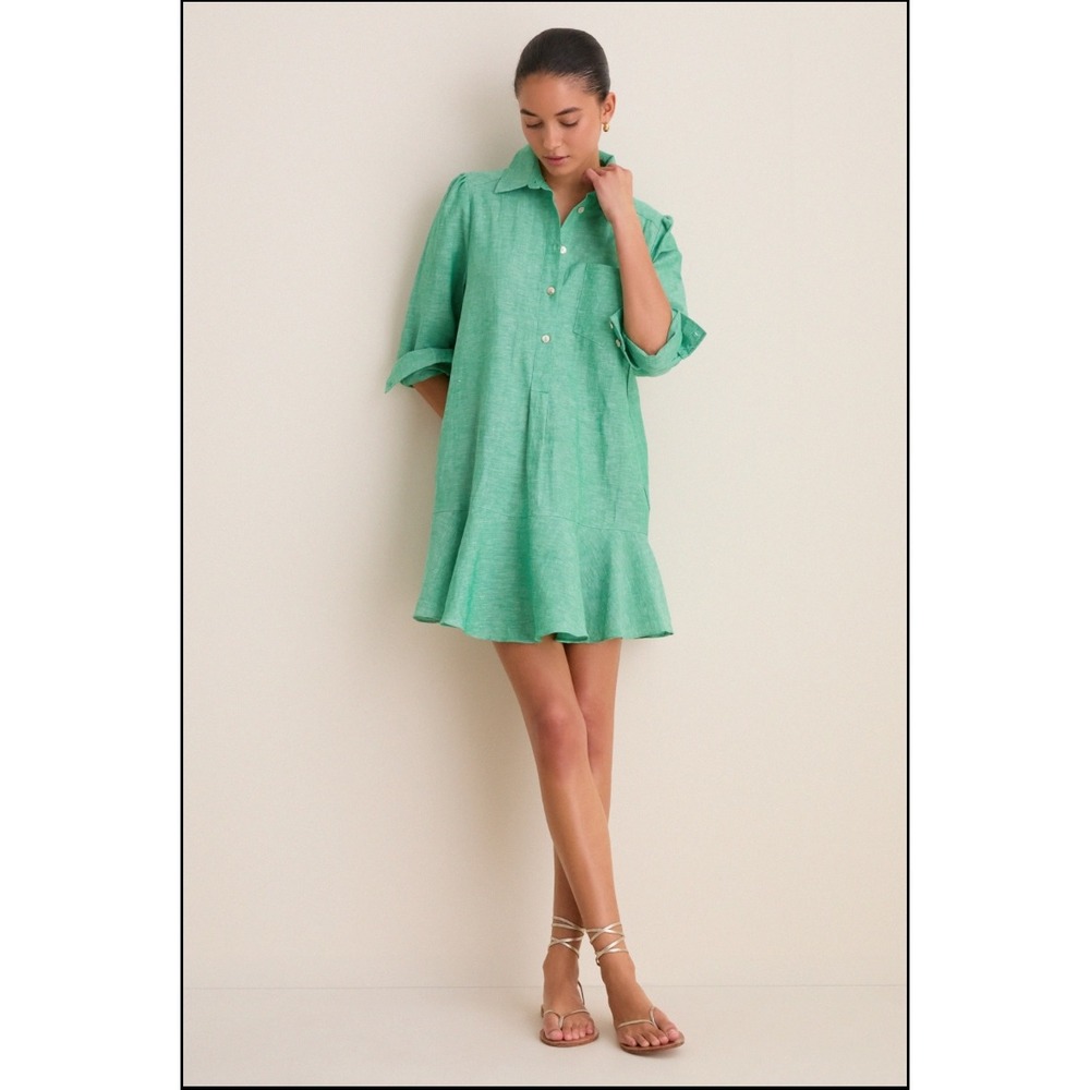 Tuckernuck Callahan Swing Shirt Dress M Sea Green Linen Cotton NWT Ruffle Hem